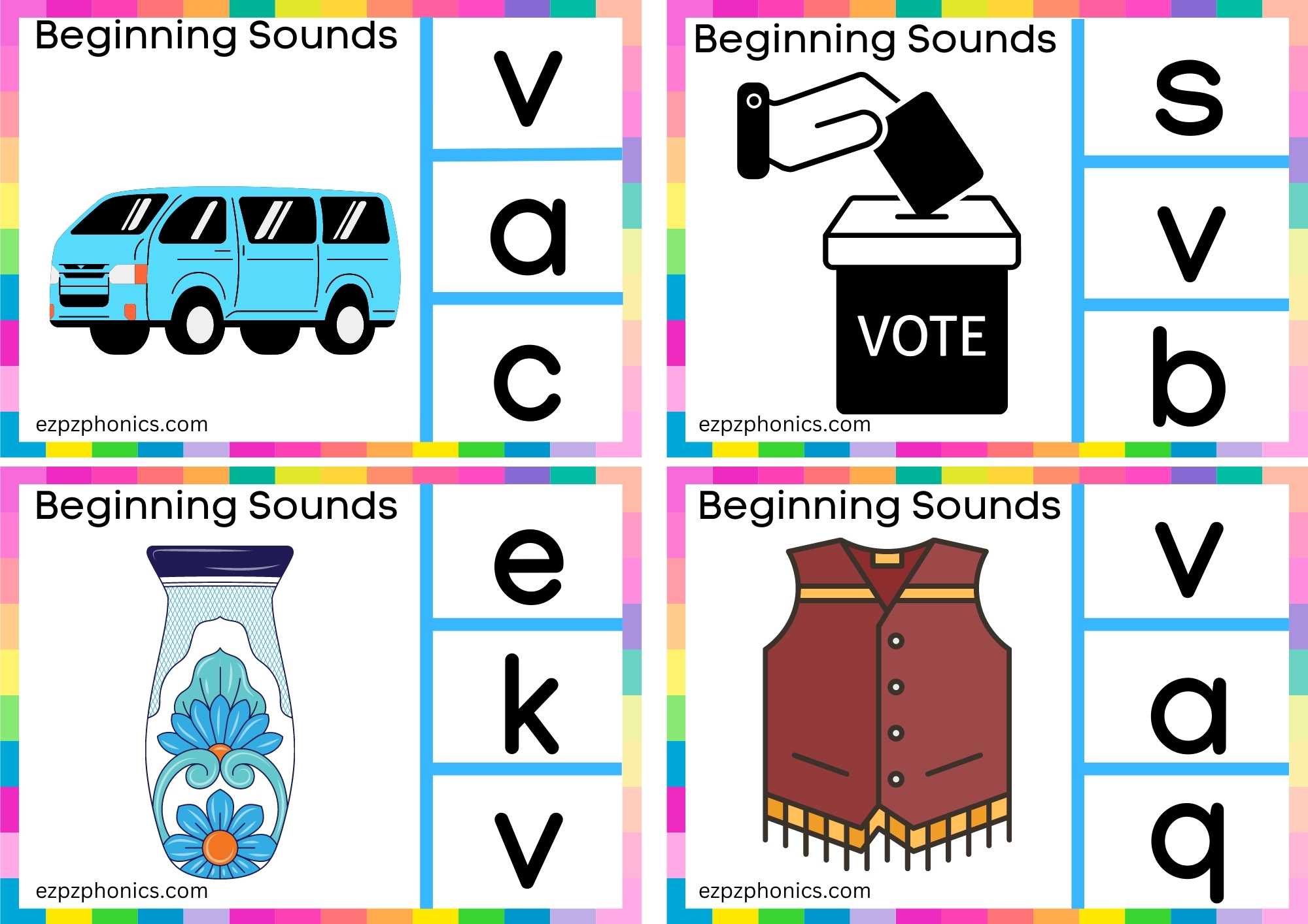 3 V Beginning Sound Clip Cards